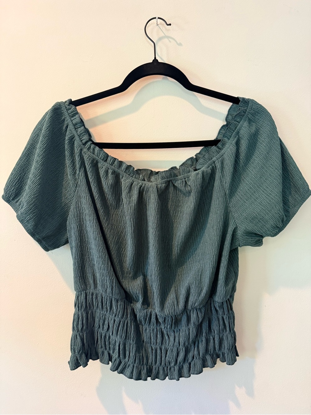 The General Good - Off-Shoulder Smocked Hem Top in Sage Green
